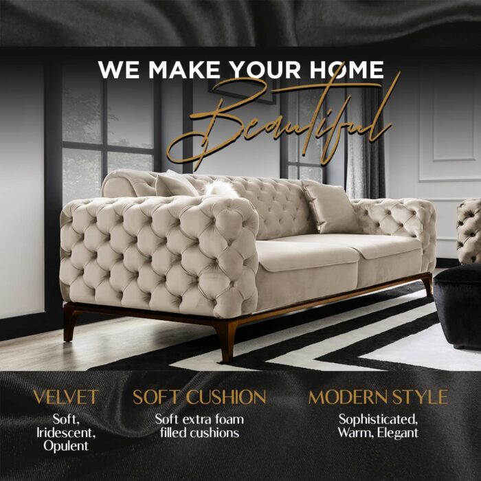 Emporium Corner sofa bed 3 and 2 seater Sofa sets, Chesterfield Sofa Grey and Cream Velvet Fabric with Buttoned Back A Timeless Chair bed Sofas & Couches for Living Room (Cream, 2 + 1 Seater) - Image 5