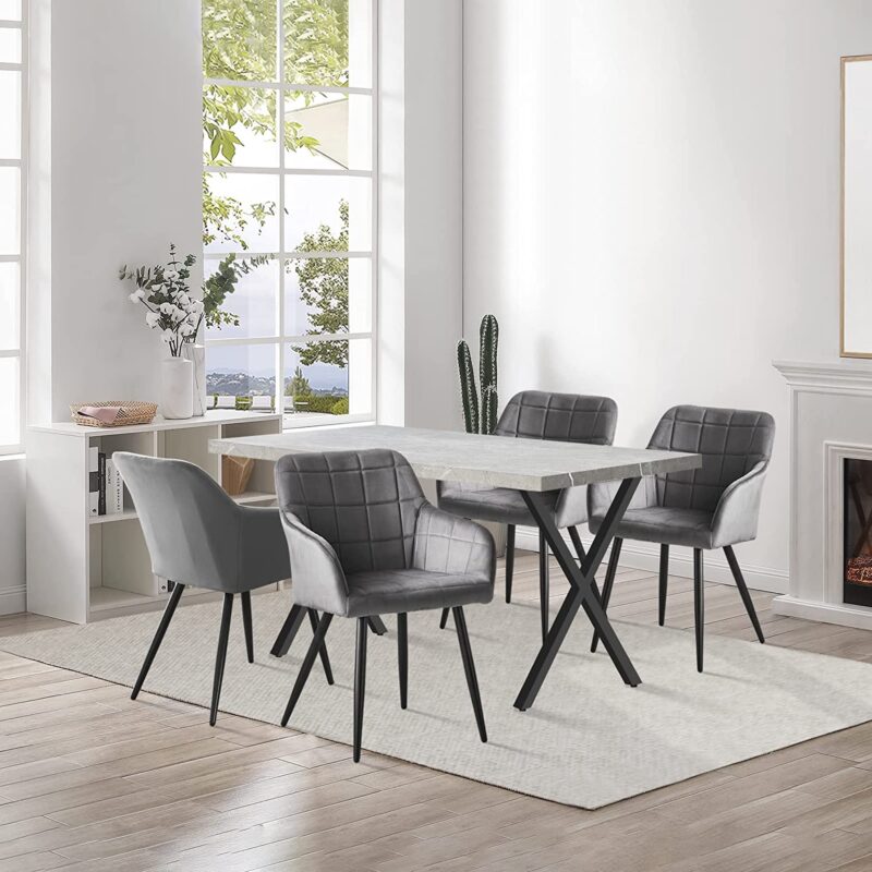 CLIPOP 140 cm Dining Table and Chairs Set of 4, Marble Veneer Rectangle Kitchen Table and Velvet Dining Chairs with Metal Legs for Home Office Dining room Set