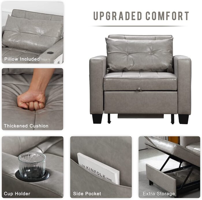 DURASPACE Sleeper Chair 3-in-1 Convertible Chair Bed Pull Out Sleeper Chair Beds Adjustable Single Armchair Sofa Bed with USB Ports, Side Pocket, Cup Holder for Small Space (Gray) - Image 6