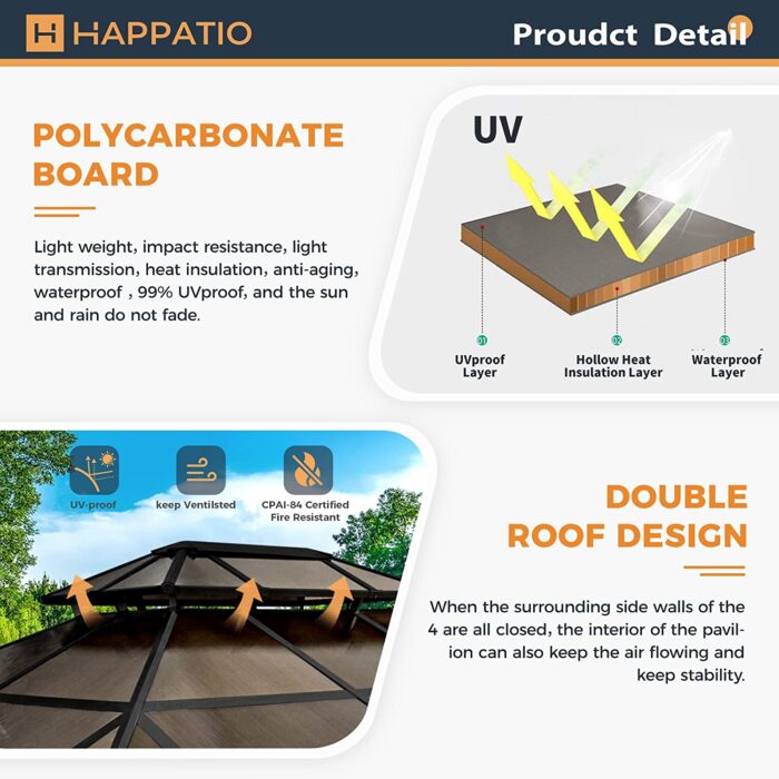 HAPPATIO 10'x 12' Hardtop Gazebo, Outdoor Polycarbonate Double Roof Aluminum Furniture Gazebo Canopy with Netting and Curtains for Backyard, Deck, Patio (Brown) - Image 2