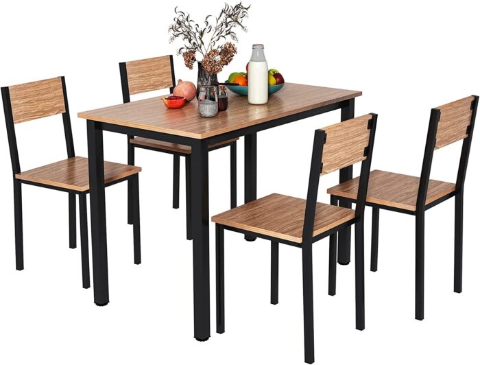 KU Syang Dining Table and 4 Chairs Set, Industrial Kitchen Table Chairs Sets with Wood and Metal Frame, 5 Piece Compact Home Kitchen Dining Room Furniture, Space Saving, Rustic Brown