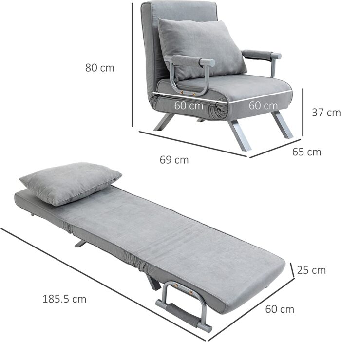 HOMCOM Modern 2-In-1 Design Single Sofa Bed Sleeper Foldable Portable Armchair Bed Chair Lounge Couch with Pillow for Living Room, Bedroom, Light Grey - Image 3