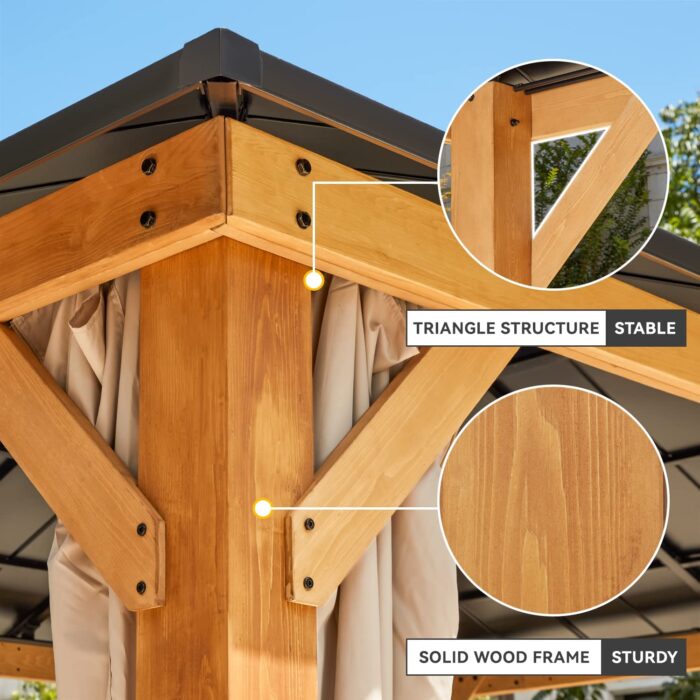 EROMMY 11'x13' Solid Wood Gazebo, Outdoor Hardtop Gazebo Pavilion with Netting and Curtains, Spruce Wooden Frame Double Metal Roof Canopy for Patio Backyard Deck Garden - Image 5
