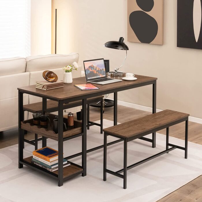 COSTWAY Dining Table Set with 2 Benches, Kitchen Table and Benches with Glass Holder, Wine Rack & Storage Shelf, 3 PCS Space-Saving Breakfast Dinette Table Furniture Set for 4 People - Image 8