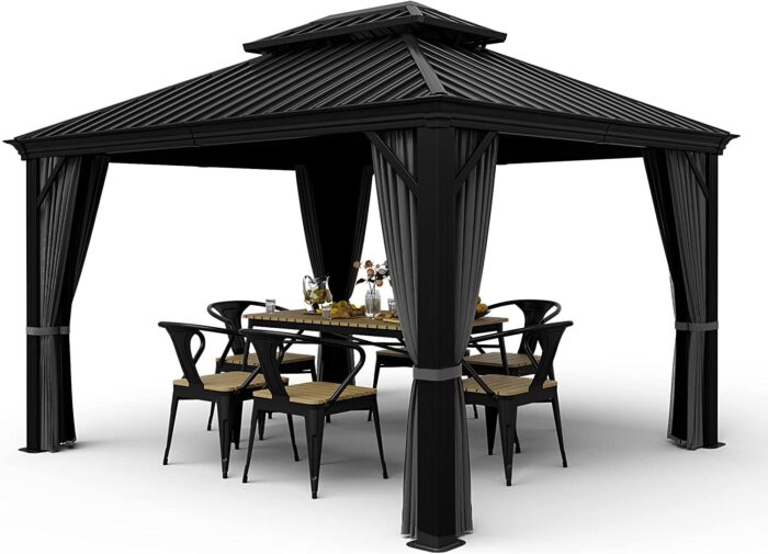 HAPPATIO 10' x 12' Hardtop Gazebo, Outdoor Aluminum Gazebo with Galvanized Steel，Double Roof Permanent Patio Metal Gazebo Canopy with Netting and Curtains for Backyard, Patio, Deck, Parties (Gray)