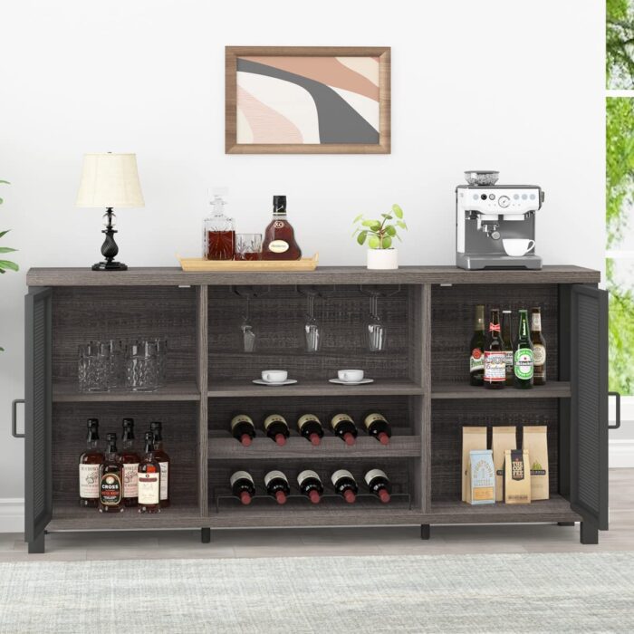 Launica Liquor Bar Cabinet, Industrial Wine Bar Cabinet, Rustic Sideboard Buffet Cabinet for Liquor and Glasses, Coffee Bar Cabinet with Storage Rack for Home Kitchen Dining Room, Dark Grey Oak, 55 In - Image 8