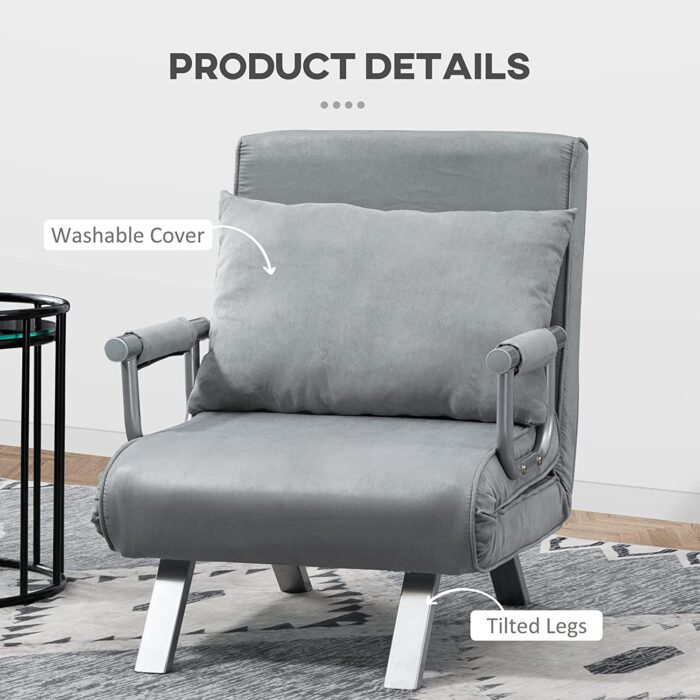 HOMCOM Modern 2-In-1 Design Single Sofa Bed Sleeper Foldable Portable Armchair Bed Chair Lounge Couch with Pillow for Living Room, Bedroom, Light Grey - Image 7