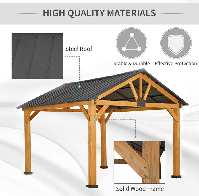 Outsunny 11×13 Hardtop Gazebo with Wooden Frame, Permanent Metal Roof Gazebo Canopy with Ceiling Hook for Garden, Patio, Backyard - Image 4