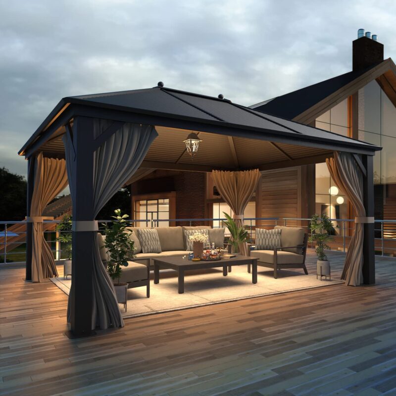EROMMY 10' x 13' Gazebo, Galvanized Steel Hardtop Outdoor Aluminum Canopy with Netting and Shaded Curtains, Single Roof Permanent Metal Pavilion for Patio Backyard Deck