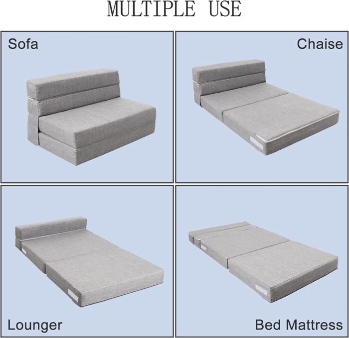 ANONER Folding Sleeper Chair Sofa Bed Lazy Couch with Pillow, Twin Size, Light Gray - Image 3