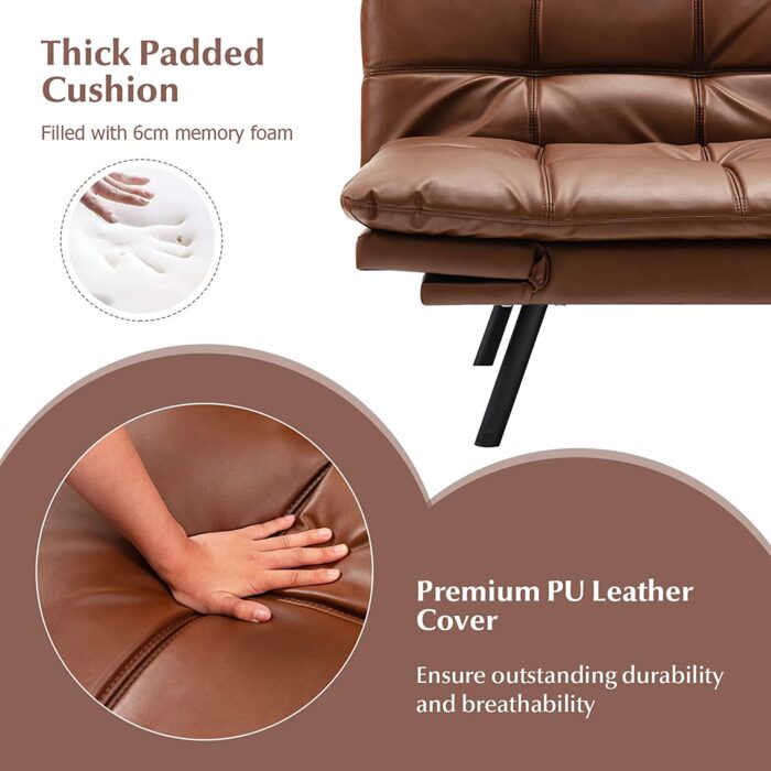 COSTWAY 2 Seater Convertible Sofa Bed, Click Clack Sleeper Couch with Reclining Backrest, Adjustable Armrests & 6 Metal Legs, Padded Loveseat Sofa for Living Room and Bedroom (PU Leather, Brown) - Image 8