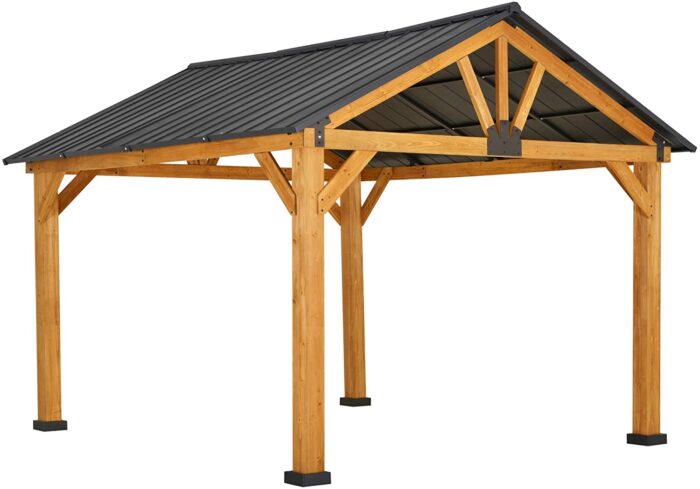 Outsunny 11×13 Hardtop Gazebo with Wooden Frame, Permanent Metal Roof Gazebo Canopy with Ceiling Hook for Garden, Patio, Backyard