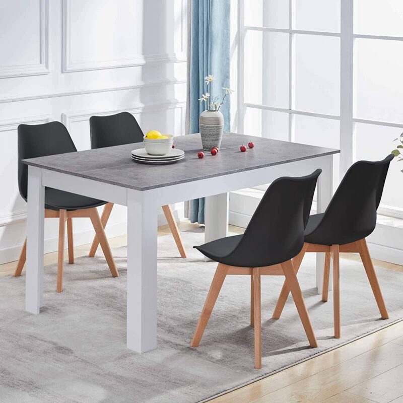 OFCASA Dining Table and Chairs Set of 4 Wood Dining Table and 4 Black Plastic Dining Chairs with Faux Leather Padded Seat 4-6 Seater for Kitchen Restaurant Office