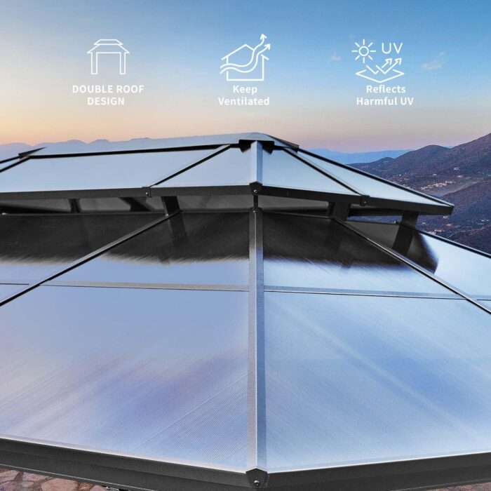 YOLENY 10'x13' Hardtop Gazebo, Outdoor Polycarbonate Double Roof Canopy, Aluminum Frame Permanent Pavilion with Curtains and Netting, Sunshade for Garden, Patio, Lawns - Image 6