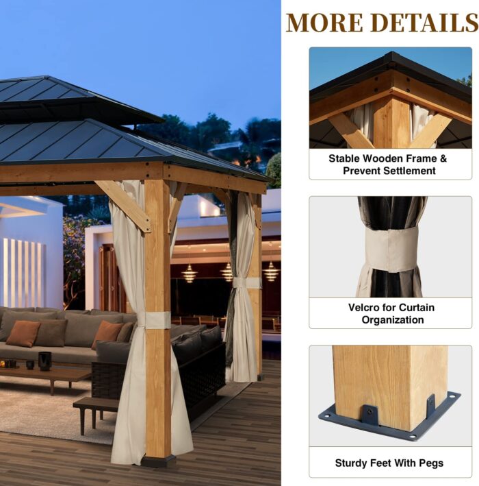 RICHRYCE 13' x 15' Solid Wood Gazebo, Hardtop Gazebo Plastic Sprayed Metal Roof Outdoor Gazebo Canopy Double Vented Roof Pergolas Wood Frame with Netting and Curtains for Garden, Patio, Lawns - Image 7