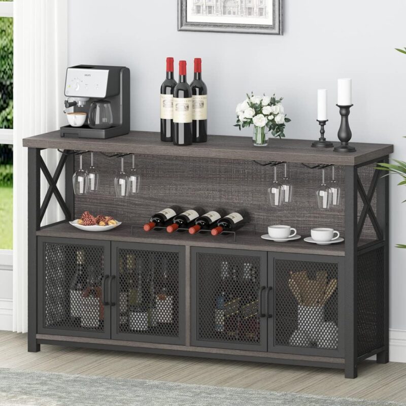 LVB Wine Bar Cabinet, Farmhouse Coffee Bar Cabinet for liquor and glasses, Modern Sideboard Buffet Cabinet with Storage Rack, Rustic Liquor Home Bar for Kitchen Dining Living Room, Dark Gray Oak 47 In