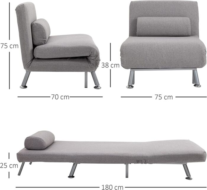 HOMCOM Single Sofa Bed Sleeper Foldable Portable Pillow Lounge Couch Living Room Furniture – Grey - Image 3