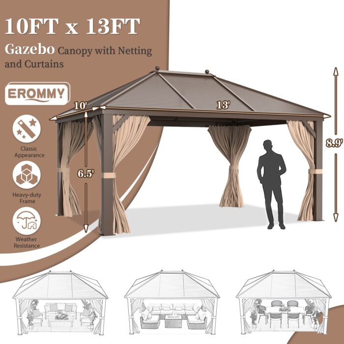 EROMMY 10' x 13' Gazebo, Galvanized Steel Hardtop Outdoor Aluminum Canopy with Netting and Shaded Curtains, Single Roof Permanent Metal Pavilion for Patio Backyard Deck - Image 2