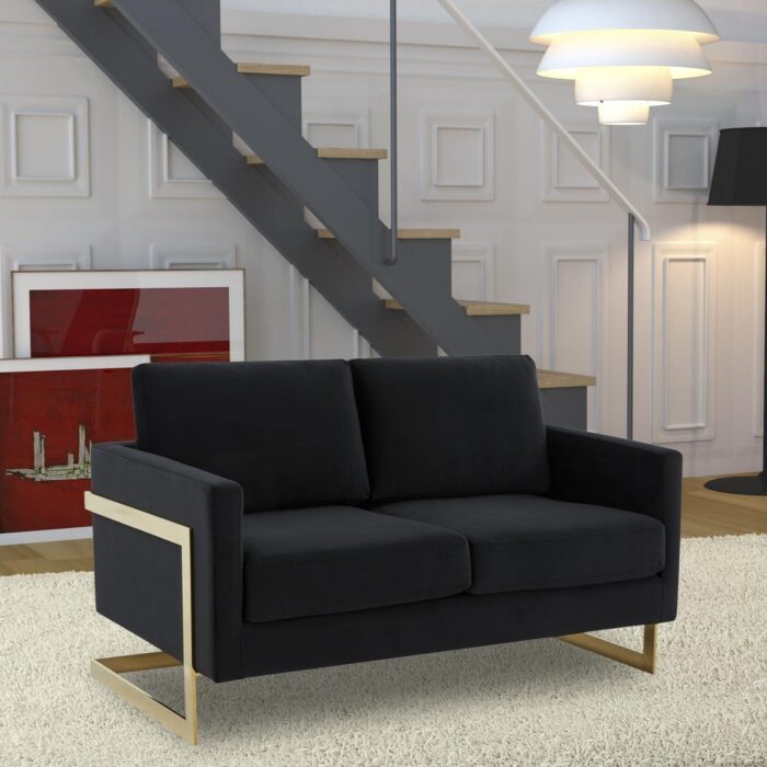 LeisureMod Lincoln Modern Mid-Century Upholstered Velvet Loveseat with Gold Frame, Midnight Black - Image 2
