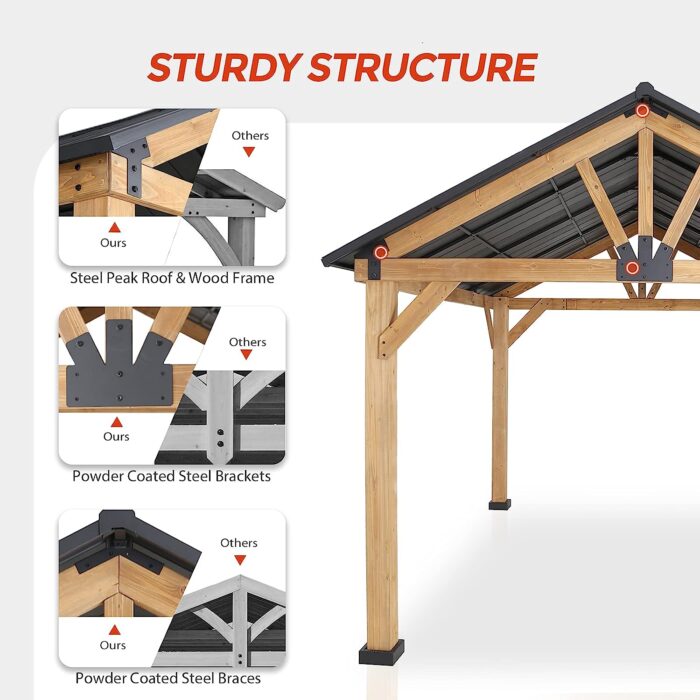 EAGLE PEAK 13×11 Solid Wood Patio Gazebo, Cedar Framed Outdoor Pavilion Cabana with Black Steel Gable Hardtop Roof, 12×10 Frame, Black - Image 3