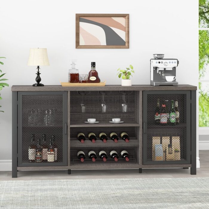 Launica Liquor Bar Cabinet, Industrial Wine Bar Cabinet, Rustic Sideboard Buffet Cabinet for Liquor and Glasses, Coffee Bar Cabinet with Storage Rack for Home Kitchen Dining Room, Dark Grey Oak, 55 In - Image 3