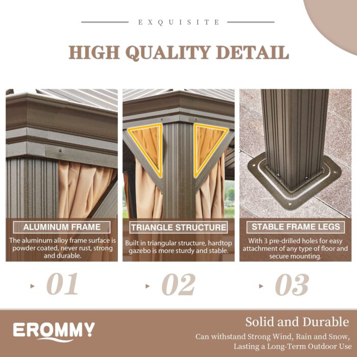 EROMMY 10' x 13' Gazebo, Galvanized Steel Hardtop Outdoor Aluminum Canopy with Netting and Shaded Curtains, Single Roof Permanent Metal Pavilion for Patio Backyard Deck - Image 5