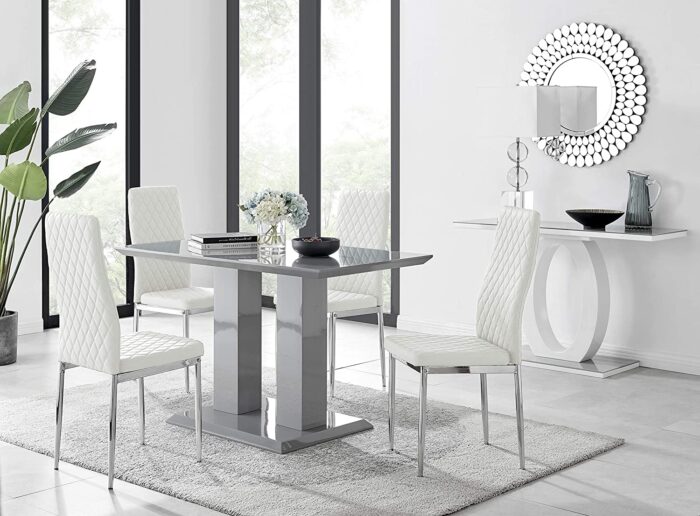 Furniturebox UK Dining Table & Chairs- Imperia Dining Table Set With 4 White Milan Chairs – Stunning High Gloss Grey Dining Table (Dining Table + 4 White Milan Chairs)
