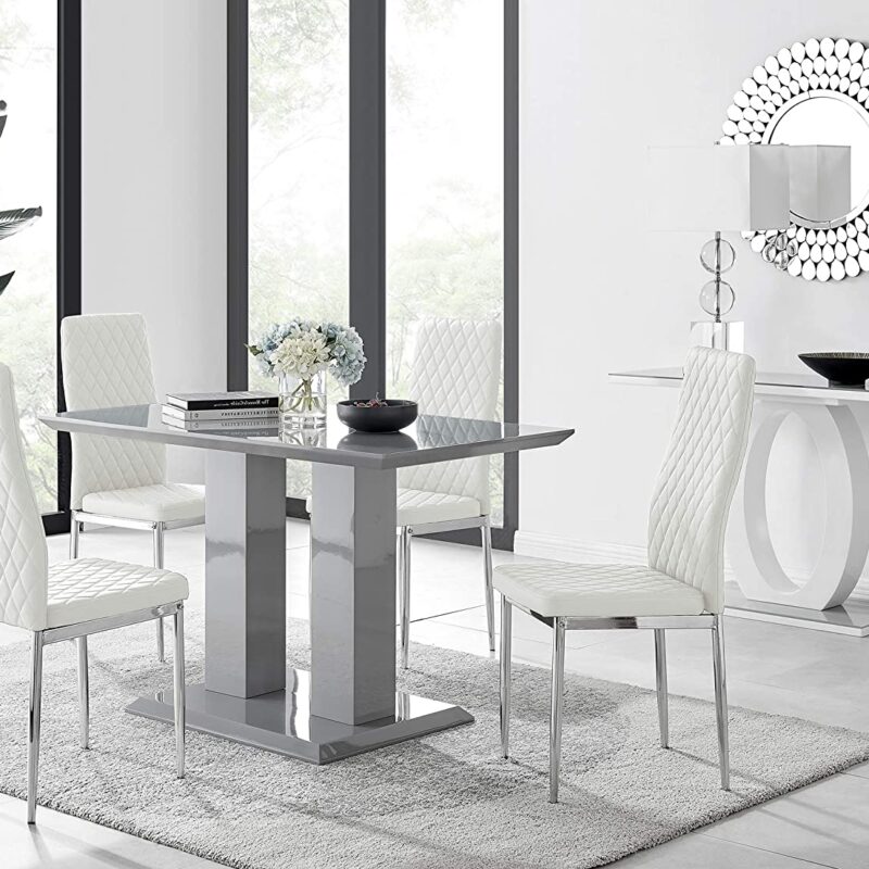 Furniturebox UK Dining Table & Chairs- Imperia Dining Table Set With 4 White Milan Chairs – Stunning High Gloss Grey Dining Table (Dining Table + 4 White Milan Chairs)