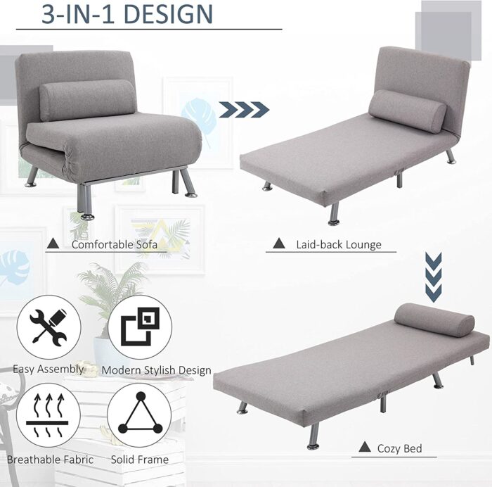 HOMCOM Single Sofa Bed Sleeper Foldable Portable Pillow Lounge Couch Living Room Furniture – Grey - Image 7