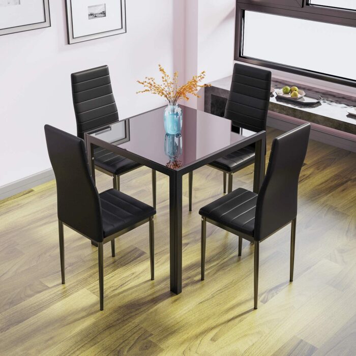Jooli Glass Table and Chairs Set 4, 75cm Square Table with 4 Faux Leather High Back Chairs Modern Dining Room Sets for Home Kitchen Office, Black - Image 8