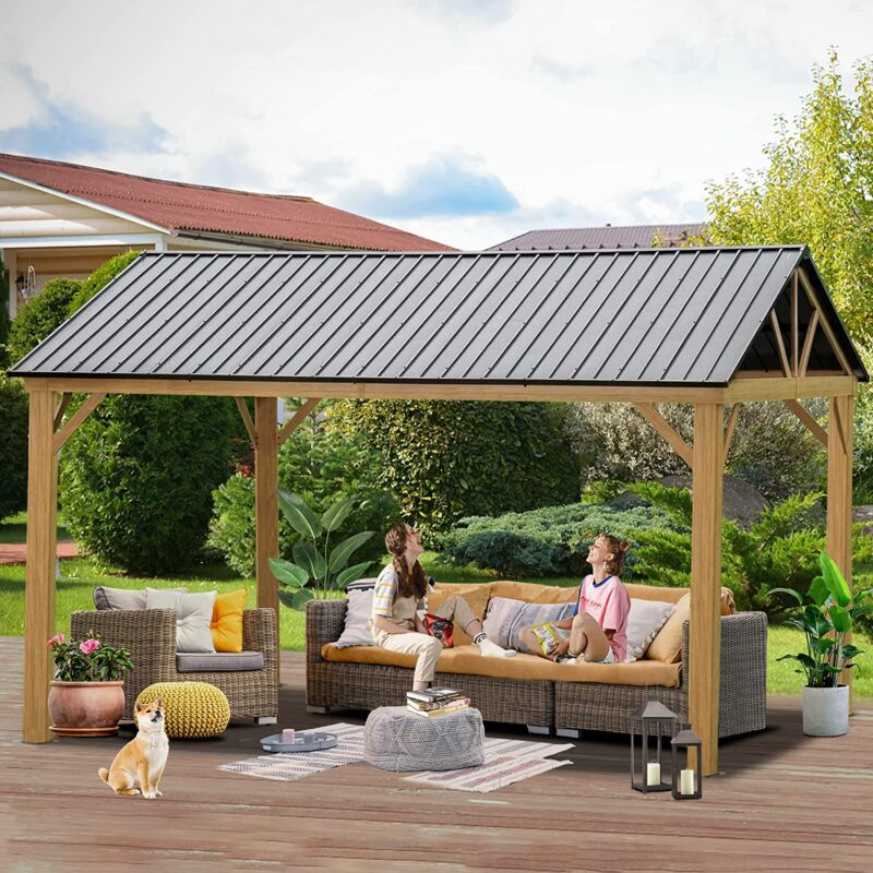 12' x 14' Hardtop Gazebo Outdoor Aluminum Gazebo with Galvanized Steel Gable Canopy for Patio Decks Backyard by domi outdoor living (Wood Looking)