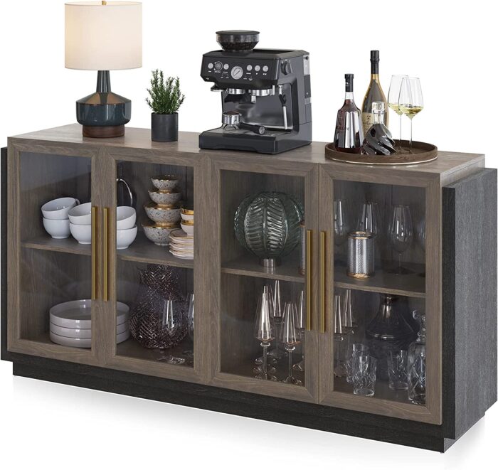BELLEZE Sideboard Buffet Cabinet, Modern Wood Glass-Buffet-Sideboard with Storage, Console Table for Kitchen, Dinning Room, Living Room, Hallway, or Entrance – Brixston (Brown) - Image 7