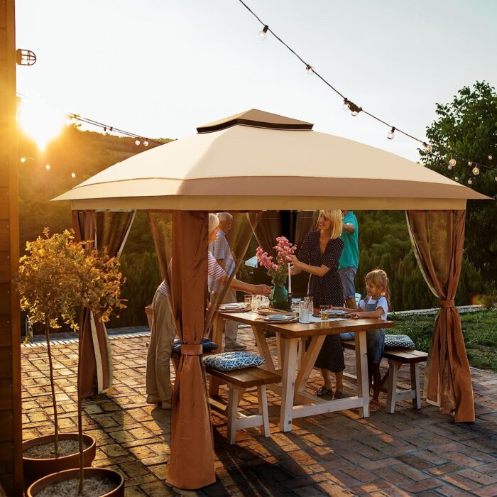 UDPATIO Pop Up Gazebo 11'x11' Patio Gazebo Tent Instant, Outdoor Gazebo with Mosquito Netting, Metal Frame Outdoor Canopies for Shade and Rain for Lawn, Garden, Backyard and Deck, Beige - Image 2
