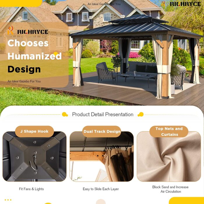 RICHRYCE 13' x 15' Solid Wood Gazebo, Hardtop Gazebo Plastic Sprayed Metal Roof Outdoor Gazebo Canopy Double Vented Roof Pergolas Wood Frame with Netting and Curtains for Garden, Patio, Lawns - Image 6