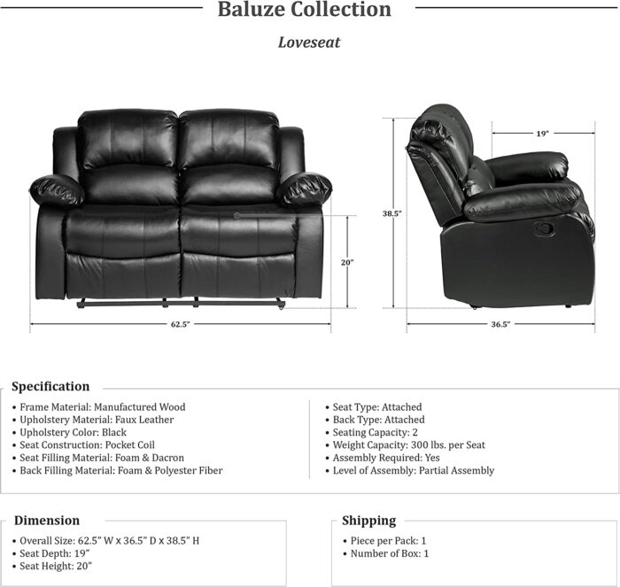 Lexicon Baluze Double Reclining Loveseat, Black - Image 5