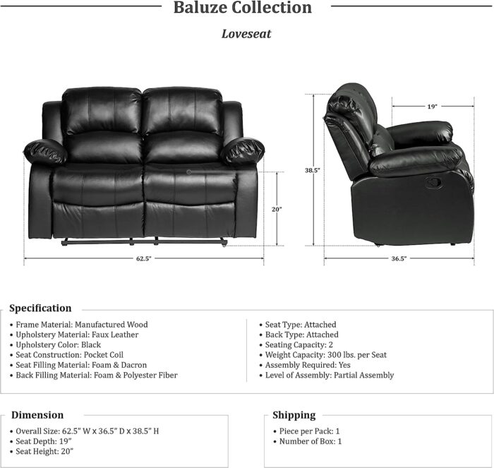 Lexicon Baluze Double Reclining Loveseat, Black & Baluze Double Reclining Sofa, Black - Image 3