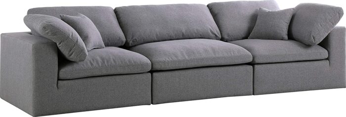 Meridian Furniture Serene Collection Modern | Contemporary Deluxe Cloud-Like Comfort Modular Sofa, Soft Linen Textured Fabric, Down Cushions, 2 Corner + 1 Armless, Grey