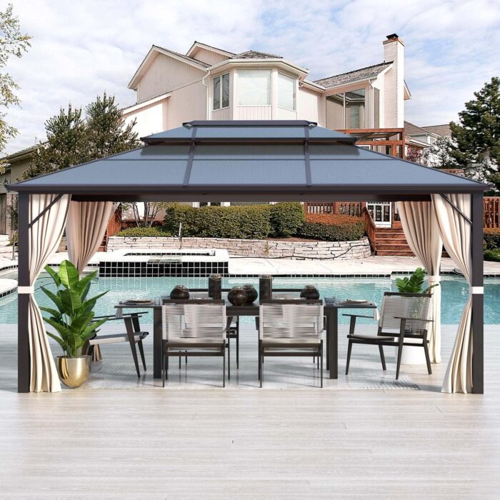 YOLENY 10'x13' Hardtop Gazebo, Outdoor Polycarbonate Double Roof Canopy, Aluminum Frame Permanent Pavilion with Curtains and Netting, Sunshade for Garden, Patio, Lawns - Image 2