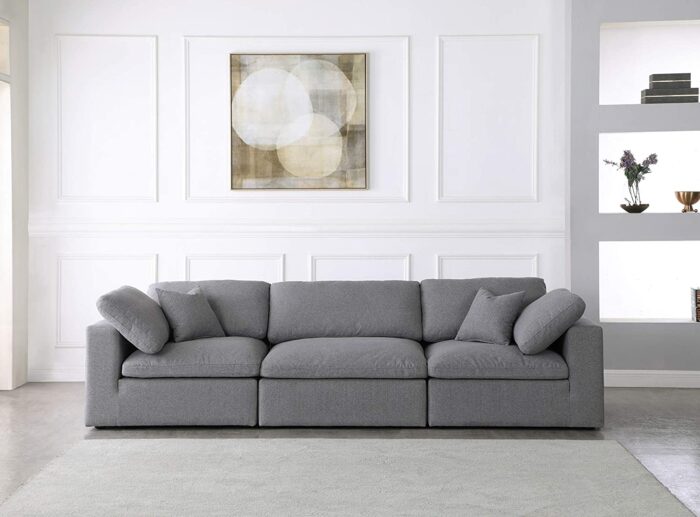 Meridian Furniture Serene Collection Modern | Contemporary Deluxe Cloud-Like Comfort Modular Sofa, Soft Linen Textured Fabric, Down Cushions, 2 Corner + 1 Armless, Grey - Image 3