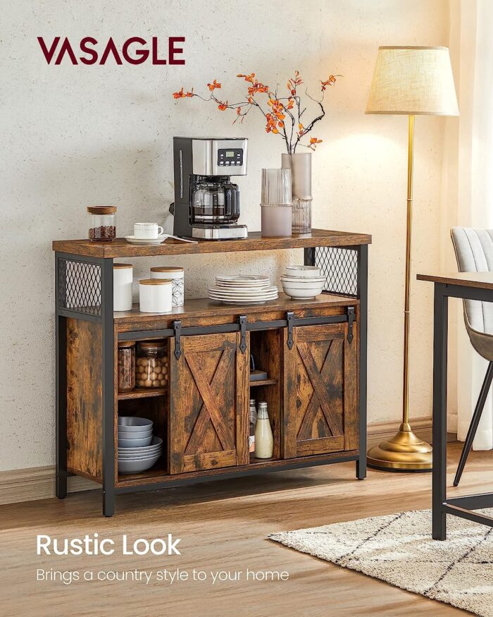 VASAGLE Buffet Sideboard Storage Cabinet with Adjustable Shelf and Sliding Barn Door, Open Compartment, 13 x 39.4 x 31.5 Inches, Rustic Brown and Black - Image 4