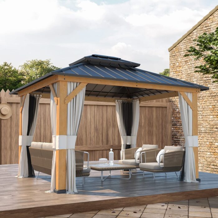 EROMMY 11'x13' Solid Wood Gazebo, Outdoor Hardtop Gazebo Pavilion with Netting and Curtains, Spruce Wooden Frame Double Metal Roof Canopy for Patio Backyard Deck Garden
