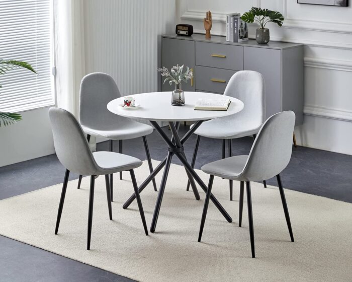 Hallowood Furniture Cullompton Small Round Dining Table and Grey Fabric Chairs Set of 4 with Black Metal Legs – Marble Effect Top Wooden kitchen table – Dining Table and Chairs for Home, Office & Café