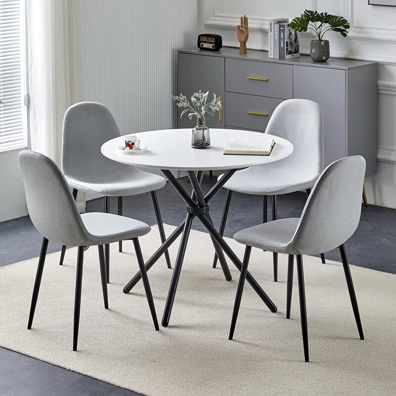 Hallowood Furniture Cullompton Small Round Dining Table and Grey Fabric Chairs Set of 4 with Black Metal Legs – Marble Effect Top Wooden kitchen table – Dining Table and Chairs for Home, Office & Café