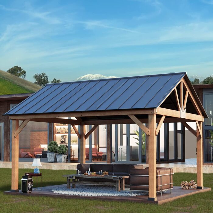 Joyside Wood Gazebo 13 x 15 ft. Wood Patio Gazebo Cedar Framed Gazebo with Steel Frame Gable Roof Hardtop Gazebo for Patio, Garden, Lawns, Parties