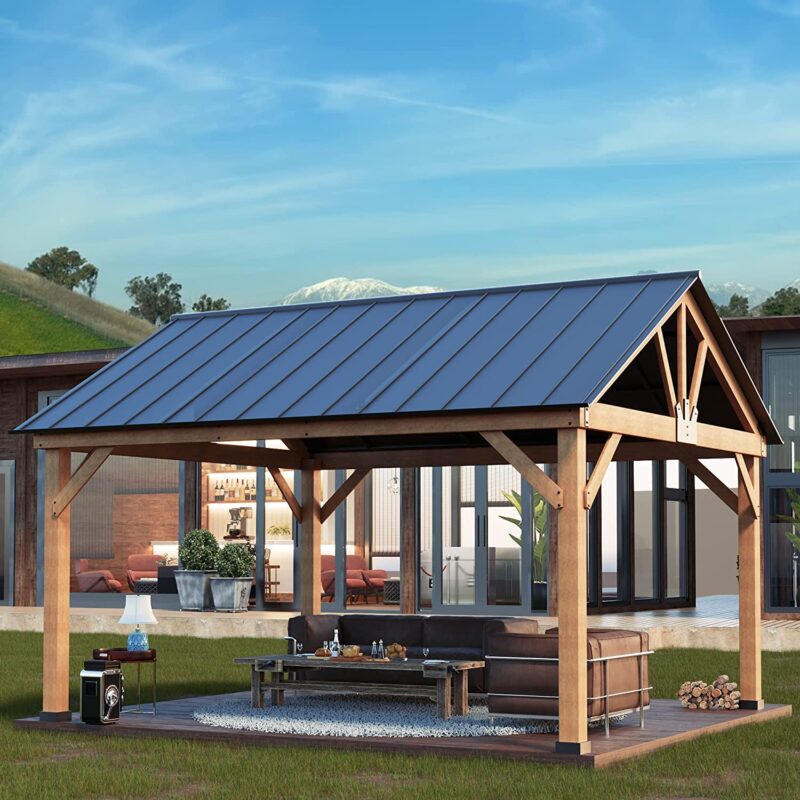 Joyside Wood Gazebo 13 x 15 ft. Wood Patio Gazebo Cedar Framed Gazebo with Steel Frame Gable Roof Hardtop Gazebo for Patio, Garden, Lawns, Parties