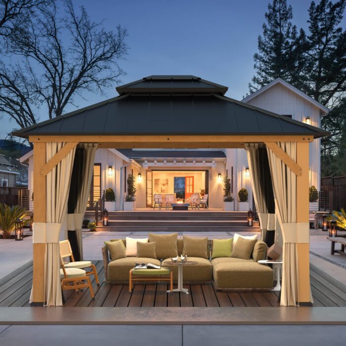 EROMMY 11'x13' Solid Wood Gazebo, Outdoor Hardtop Gazebo Pavilion with Netting and Curtains, Spruce Wooden Frame Double Metal Roof Canopy for Patio Backyard Deck Garden - Image 2