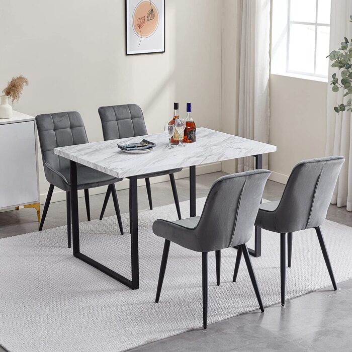 OFCASA Dining Table and Chairs Set of 4 Industrial Wood Dining Table with U Shaped Metal Legs and 4 Grey Velvet Dining Chairs with Armrests 4-6 Seater for Home Kitchen, White Marble 120cm