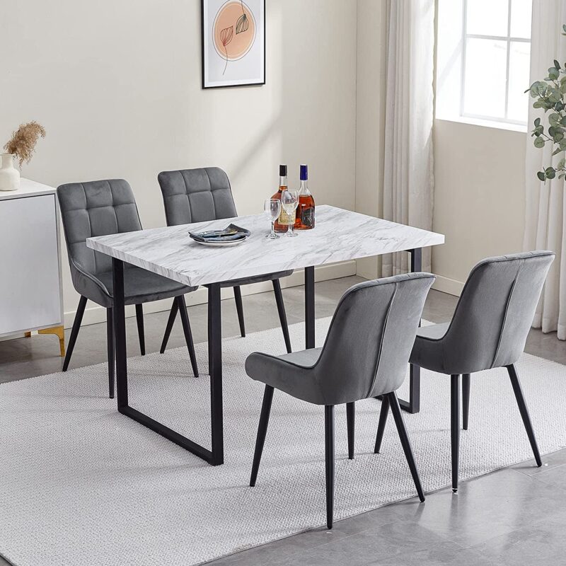 OFCASA Dining Table and Chairs Set of 4 Industrial Wood Dining Table with U Shaped Metal Legs and 4 Grey Velvet Dining Chairs with Armrests 4-6 Seater for Home Kitchen, White Marble 120cm