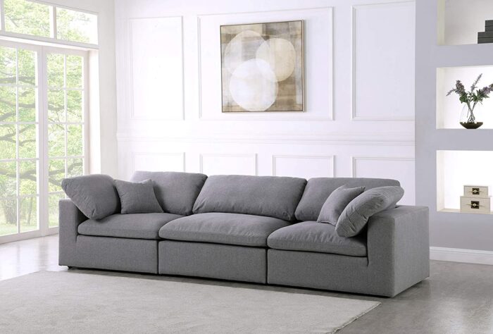 Meridian Furniture Serene Collection Modern | Contemporary Deluxe Cloud-Like Comfort Modular Sofa, Soft Linen Textured Fabric, Down Cushions, 2 Corner + 1 Armless, Grey - Image 2