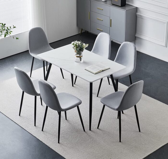Hallowood Furniture Cullompton Small Dining Table & 4 Fabric Chairs Set with Black Metal Legs – 120 x 70 cm White Marble Effect Kitchen Table – Ideal for Home, Restaurants, Pub, Office & Café - Image 6